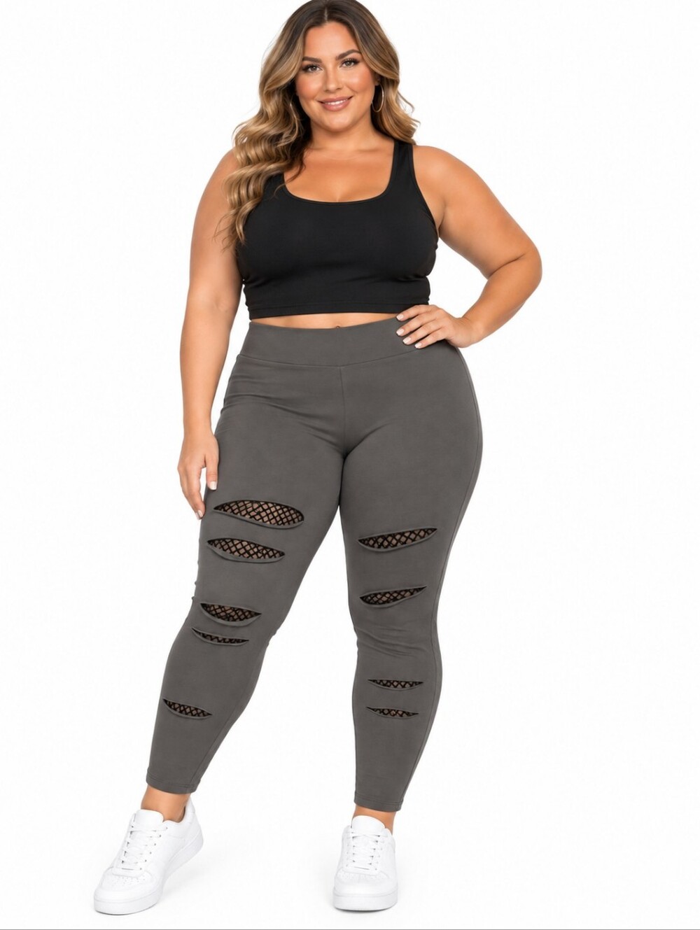Torrid Charcoal Gray Ripped Leggings with Fishnet Insets
